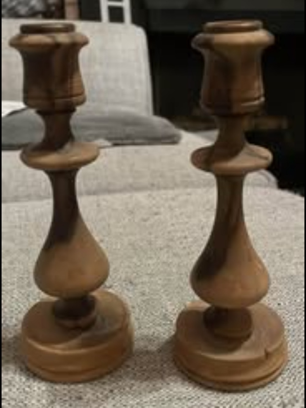 Vintage Hand-Turned Jerusalem Olive Wood Candlestick Holders - Set of 2